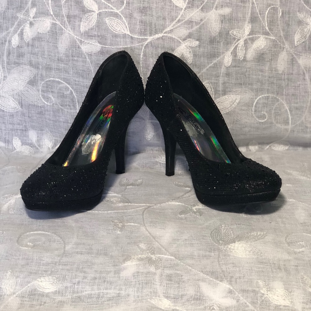 Low black sparkly heels, I only wore them once!